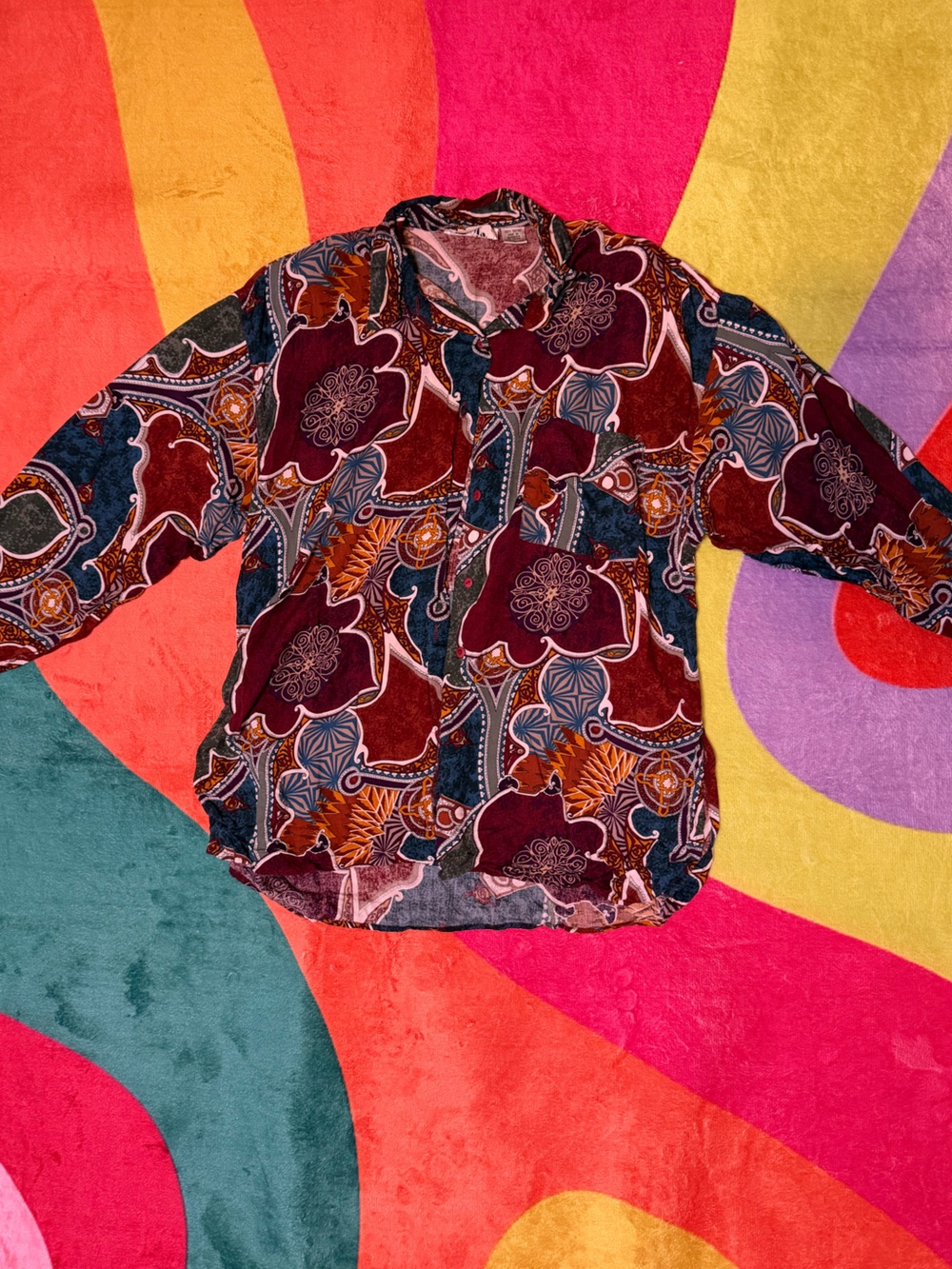 Vintage Button-Down Blouse in Burgundy, Navy & Rust Floral Print